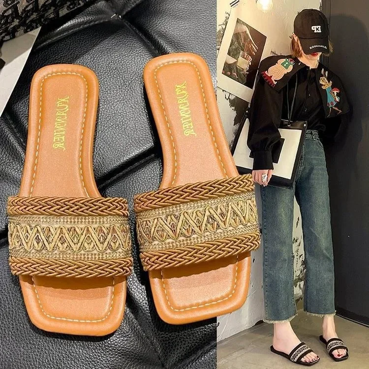 2024 New Women's One-line Flat Slippers Fashion National Style Square Slippers Woven Beach Sandals For Lady