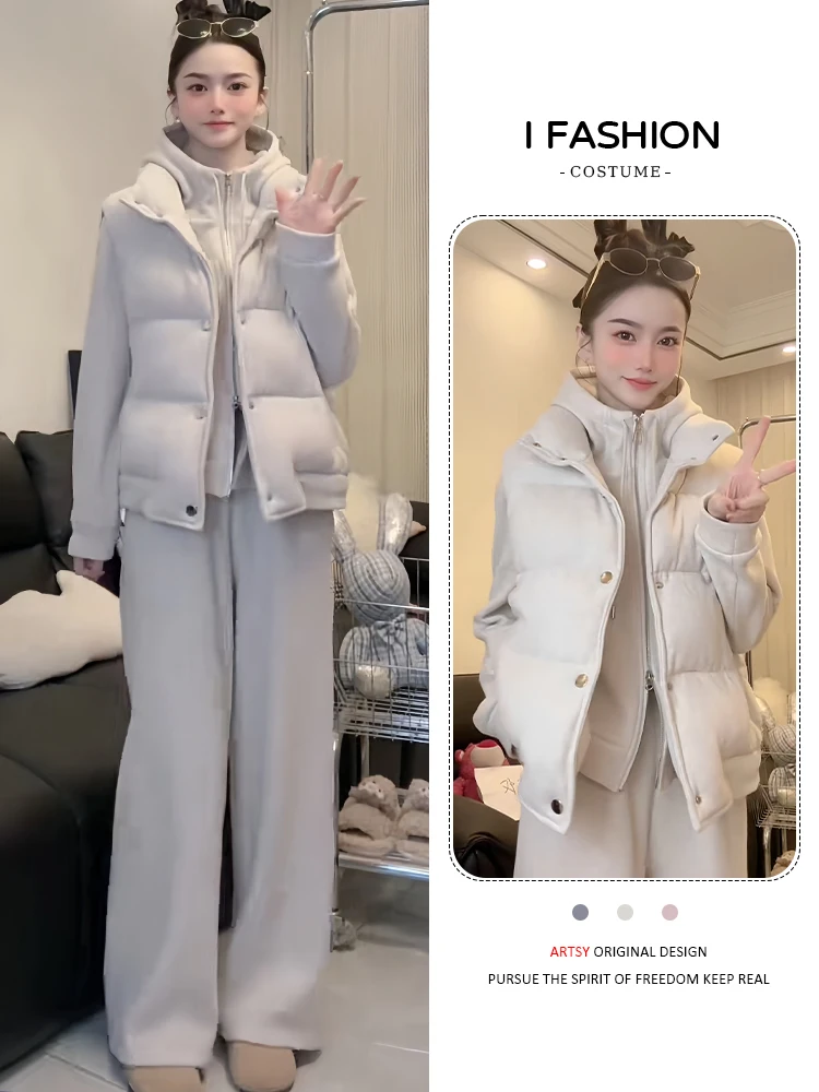 Thiened Fce Vest Sweatirt Wide Leg Pants Tee Piece Set Women's Faion Spor Casual Warm High Waist Winter Outfit