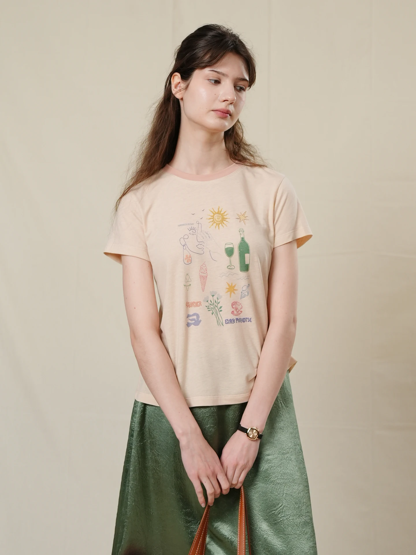 

Hand-Painted Floral Print Short-Sleeve T-Shirt Lightweight Linen round Neck Casual Top for Women Breathable Comfortable Summe...