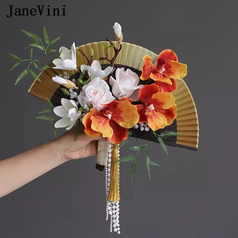 JaneVini 2024 Artificial Bride Flowers Fan Orange Silk Flower Bouquet Rose Tassel Bridal Fan Bouquet Para Novia De Boda Rústico