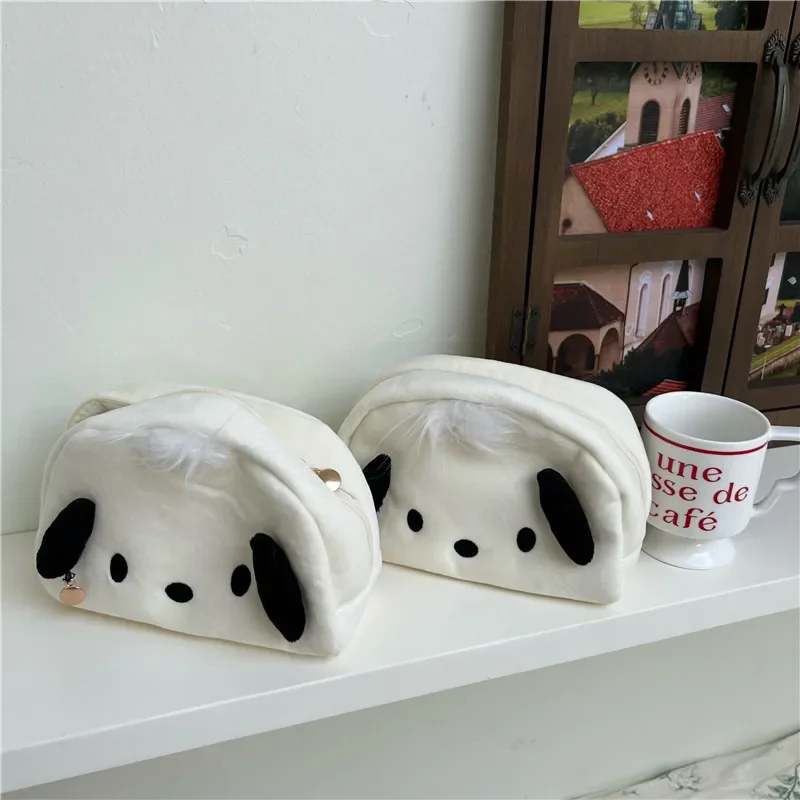 Kawaii Black White Dog Large Capacity Plush Pencil Bag Cute Pencil Cases Pouch Stationery Organizer Holder Gift Prizes