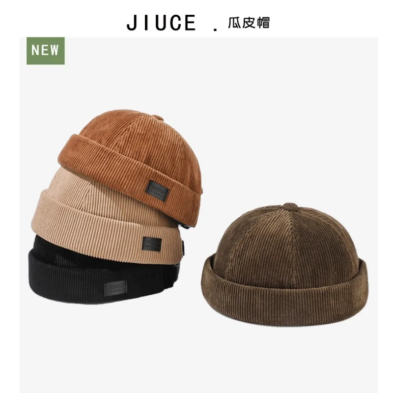 Japanese Trendy Landlord Hat Autumn and Winter Men's Yuppi Corduroy Melon Fur Cap Street Fashion Short Brim Hip Hop Beanie Hats