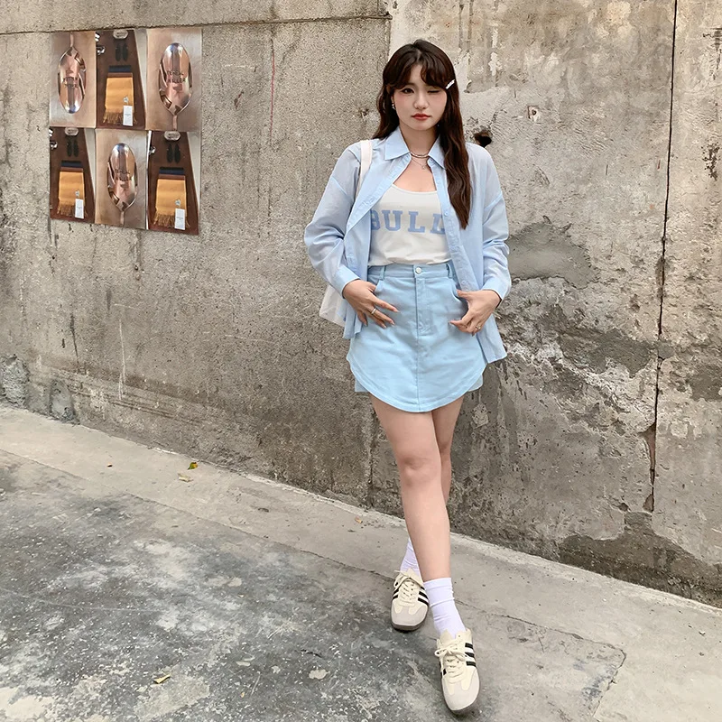 2024summer Cool Blouse Large Size Thin Blue Shirt 투피스 Camisole Vest Short Skirt Outerwear Three Piece Women's Set 투피스 Skirts Set