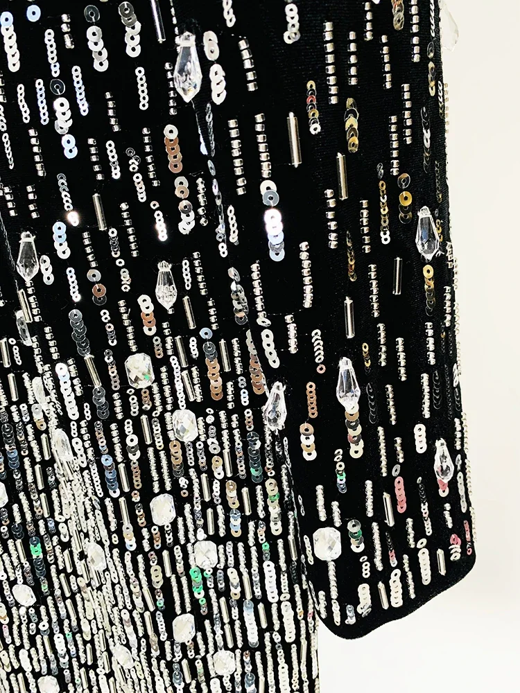 Mini abito da donna a maniche lunghe con paillettes, cristalli e perline - Stile designer di lusso, ultimo abito in velluto alla moda di High Street