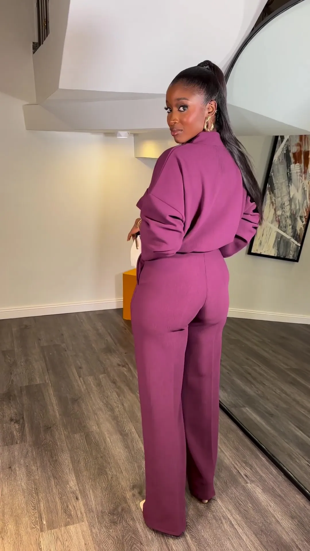 Traje de pantalones informales holgado para uso diario, conjunto de pantalón versátil de colores sólidos para primavera y otoño, Top de manga larga con cuello en V, pantalones de pierna ancha de 2 piezas