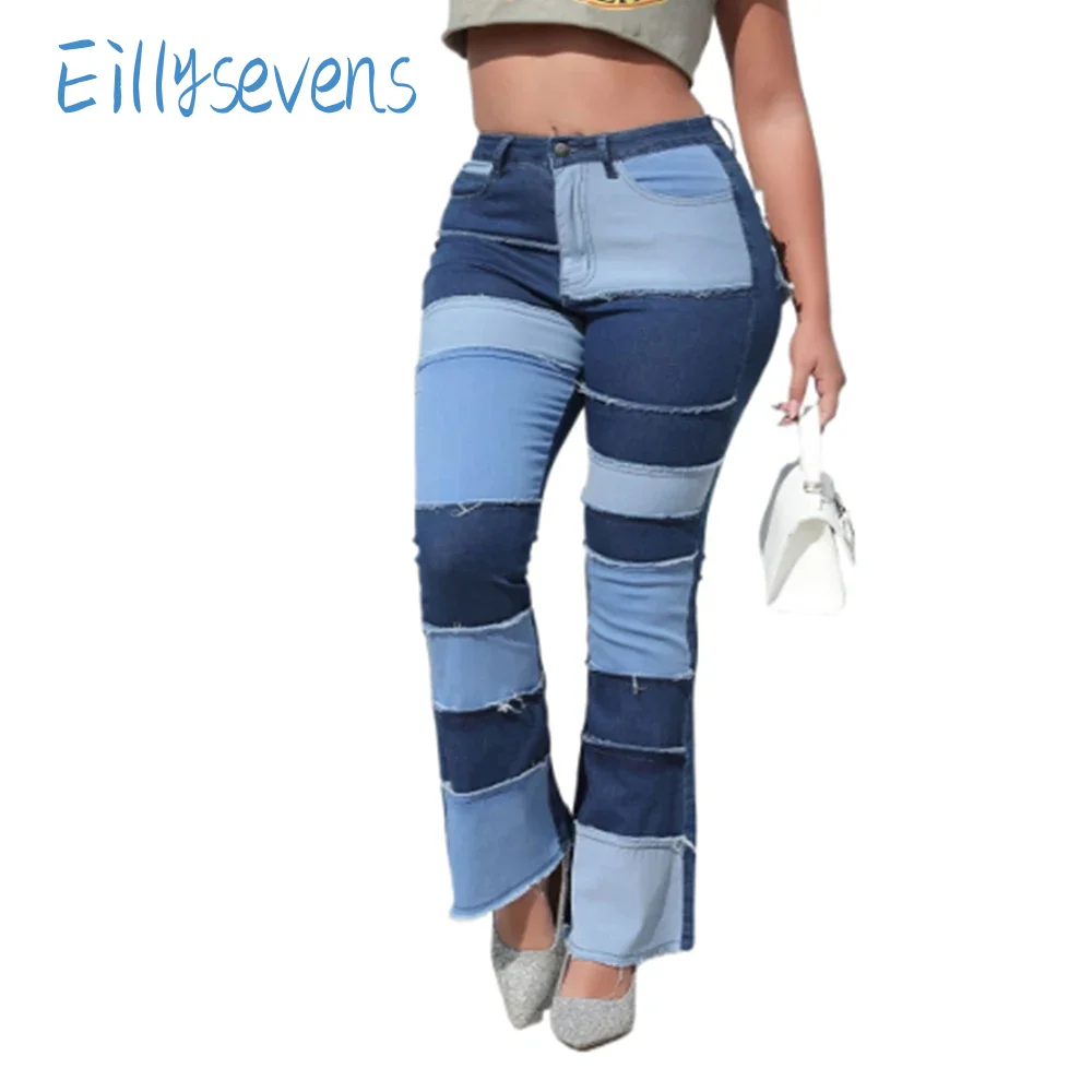 

Women'S Retro Flared Denim Trousers Trend Fashion Contrasting Patchwork High -Waisted Hip -Lifting Hot Girl Street Style Jeans