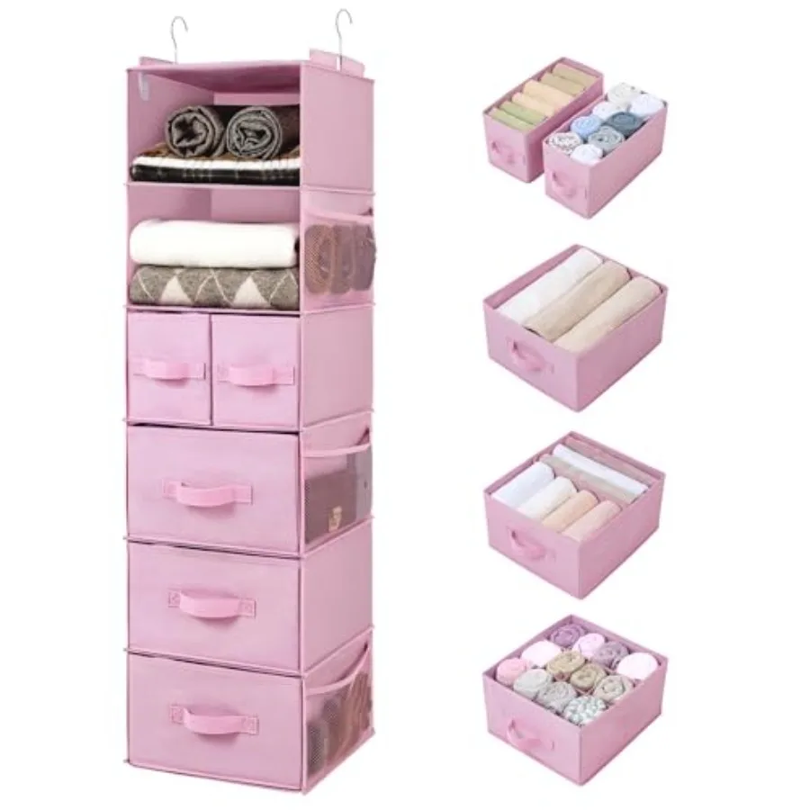 

Hanging Closet Organizers and Storage, 6 Shelves Closet Hanging Organizer with 6 Side Pockets, 5 Drawer Storage Organizer, Port