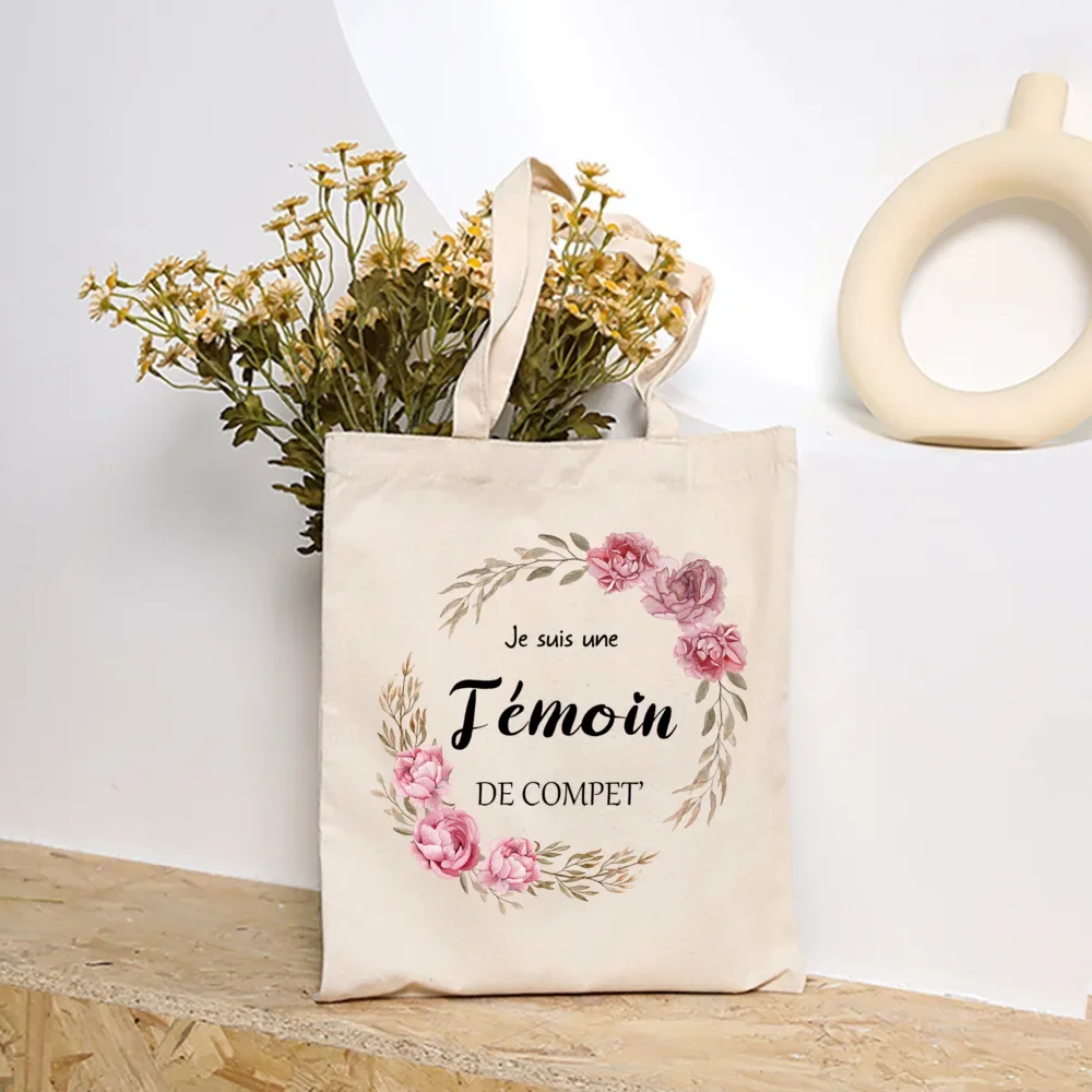 French Temoin Flower Printed Shoulder Bag Witness Tote Bags Female Neceser Canvas Eco Handbag Bride Wedding Gifts for Witness