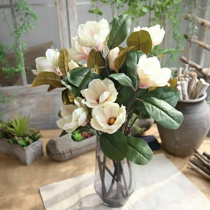 Magnolia Artificial Flower Branch Silk Blooming Wedding Bouquet Bride Home Decor