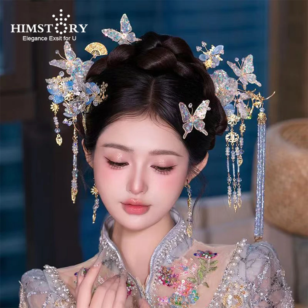 HIMSTORY Chinese Wedding Dress Headwear Hanfu Ancient Headdress Xiuhe Style Ethnic Butterfly Lovely Hair Accessories Jewelry