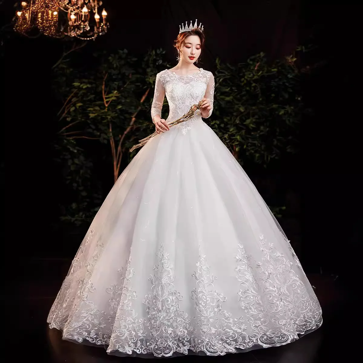 Vintage Frauen Weißes Hochzeitskleid Ballkleid Elegantes Dreiviertel-Musselin Spitze Stickerei Brautkleid Maßgeschneidertes Vestido De Noiva