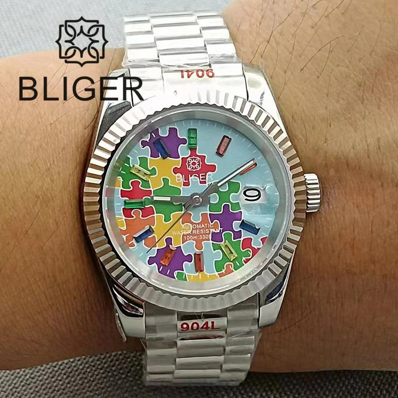 

BLIGER New 36mm/39mm Men Watch Sky Blue Dial Silver 24 Jewels NH35 Movement Steel Strap Hidden Clasp Sapphire Date