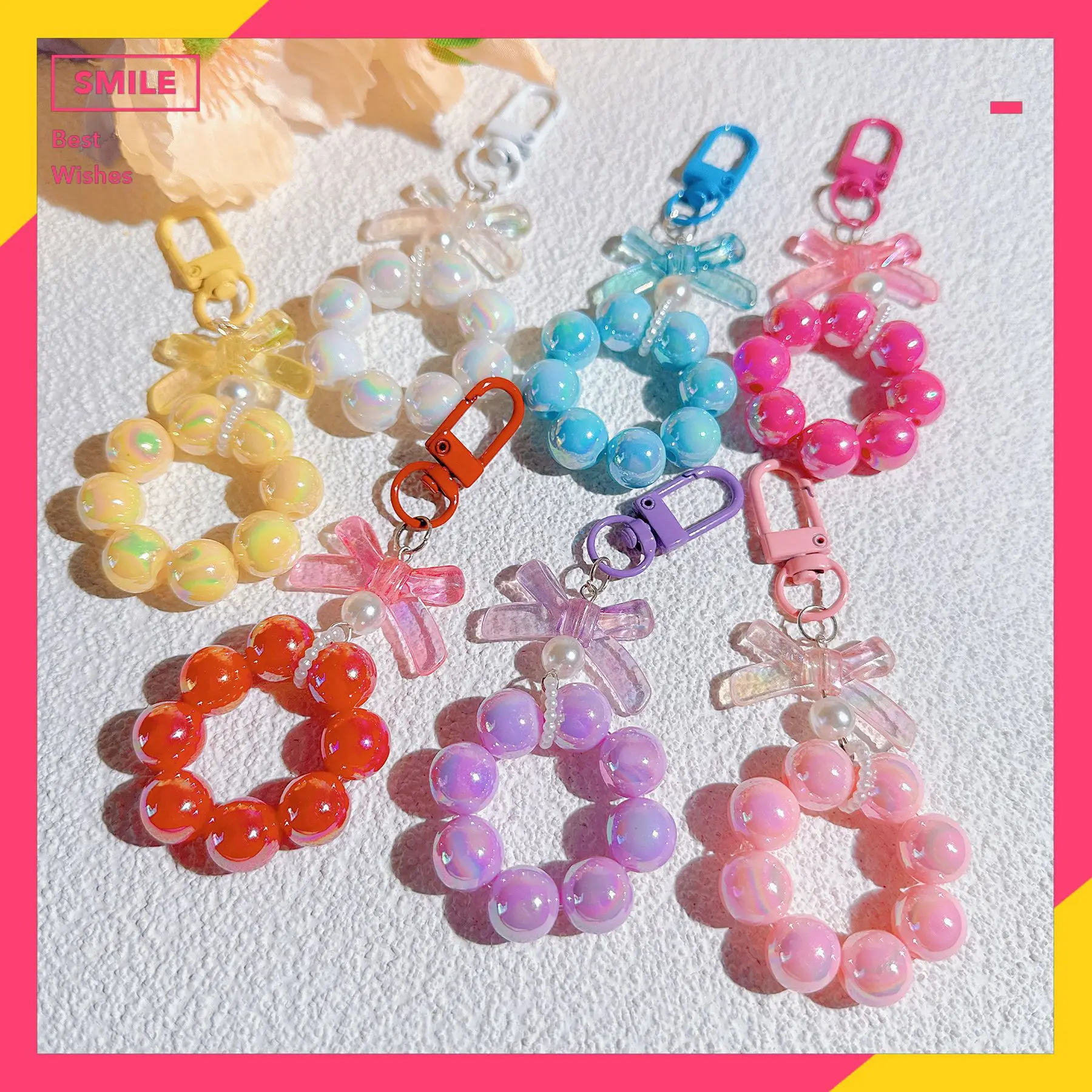 Electroplated Beaded Bow Keychain; Candy-Colored Lacquered Cell Phone Charm