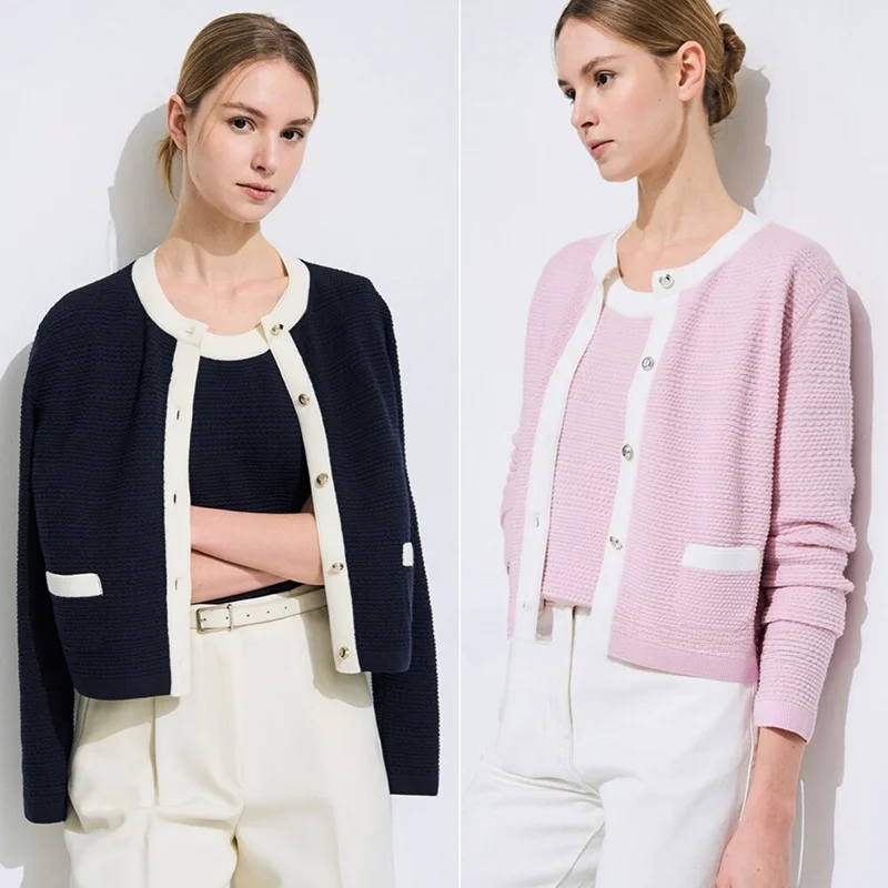 

Knitted round Ne Elastic Cardigan Vest Set Two-Piece Set Color Blo Commute Sle Long Sve Regular Length Button Detail