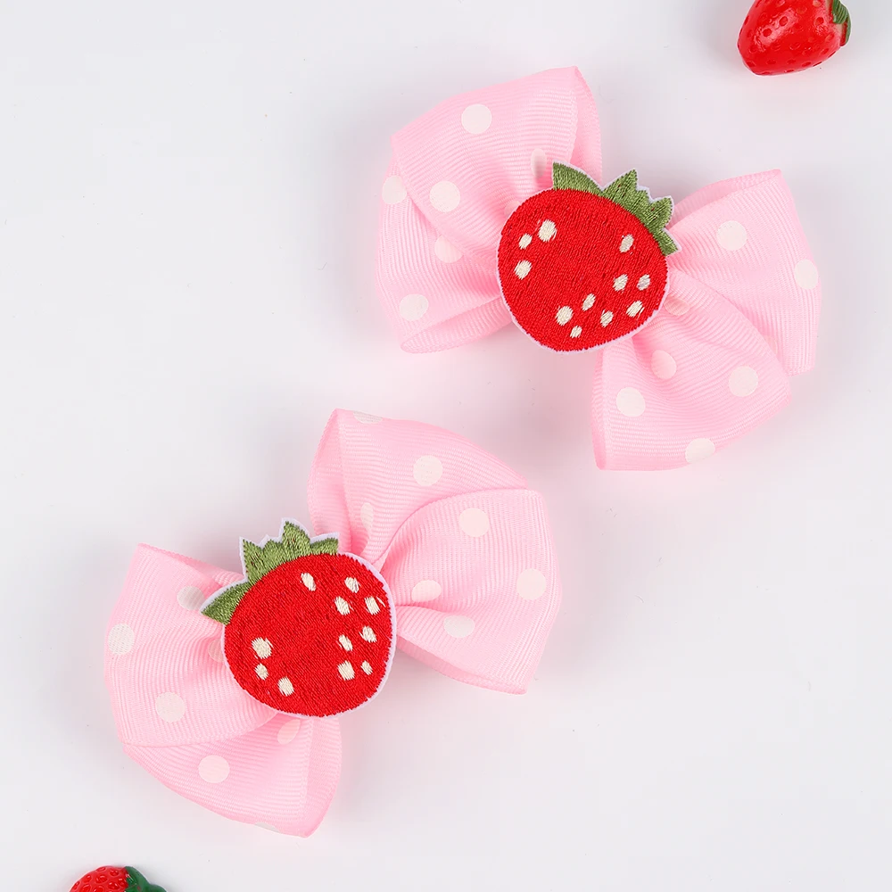 ncmama 2Pcs Cherry Strawberry Bow Hair Clips Cute Dot Print Hair Bows for Kids Girls Barrettes Fashion Hair Accessories Headwear