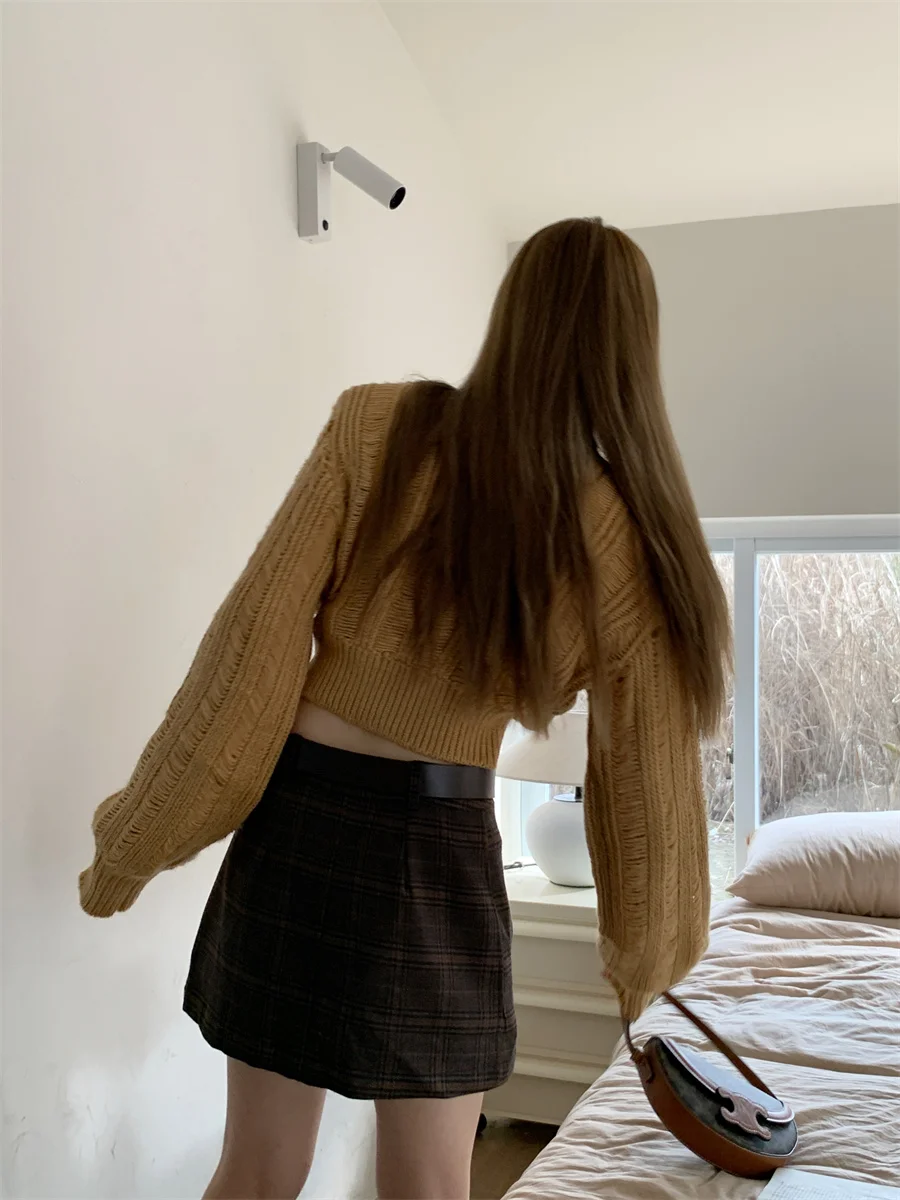 Design Sensation Hollow V-ne ort Sweater Dames losse slanke hoge taille buik ow gebreide top Lantern Sve Long Sve