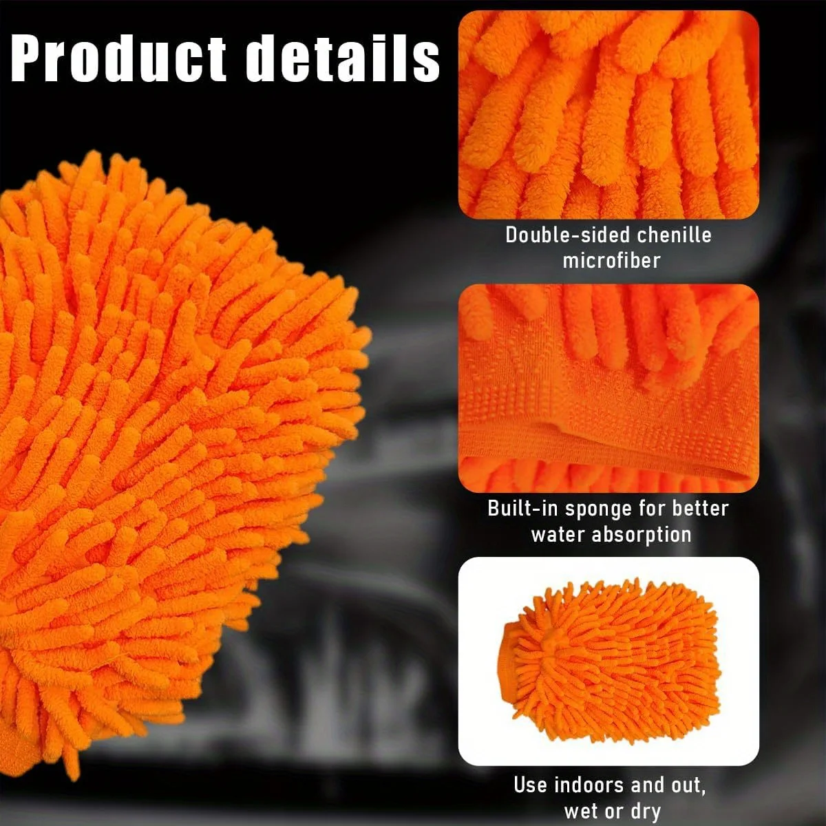 1個入り プレミアムソフトシェニール洗車ミット - 両面プラッシュマイクロファイバー、傷のない洗浄用手袋（車、トラック、ボート用）