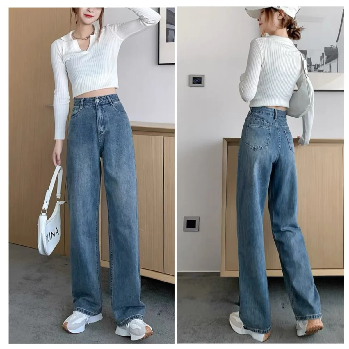 

Retro Blue Women's Jeans Korean Style Simple Commuter High-Waisted Denim Trouser Spring and Summer Straight-Leg Long Pants