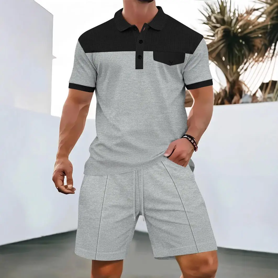 

Новый летний мужской комплект: повседневная рубашка с коротким рукавом на пуговицах и шорты, импортная футболка без воротника и шорты.