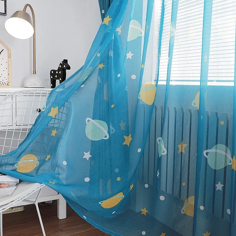 1 Panel Blue Cartoon Kids Curtain Star Planet Print Tulle Sheer Curtain for Boys Room Dream Window Decoration Grommet Top Drapes
