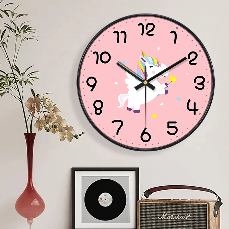 Cartoon Unicorn Wall Clock Non-Ticking Cute Pink Design Easy to Read Round Quartz Clock for Bedroom Nursery Classroom Decor