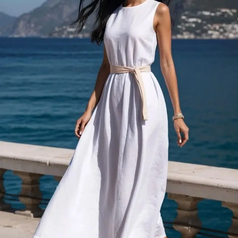 فستان نسائي متوسط الطول من الكتان باللون الأبيض بدون أكمام - فستان صيفي فضفاض بحزام الخصر
