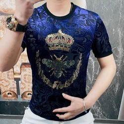 European Men's Round Crown animal rhinestone pattern Funny T Shirts Summer Men Short Sleeve T-shirt Street Wear Tee Shirt Homme