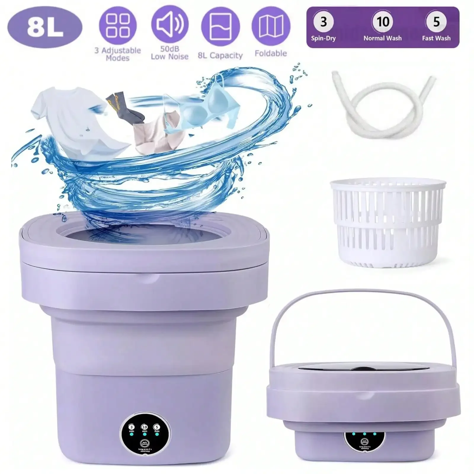 8L Portable Foldable Mini Washing Machine with Small Spin Dryer, Deep Cleaning for Underwear, Baby Clothes & Socks, Collapsible Mini Washer, Compact Laundry Washer for Apartments, Dormitories, Camping & Travel Use