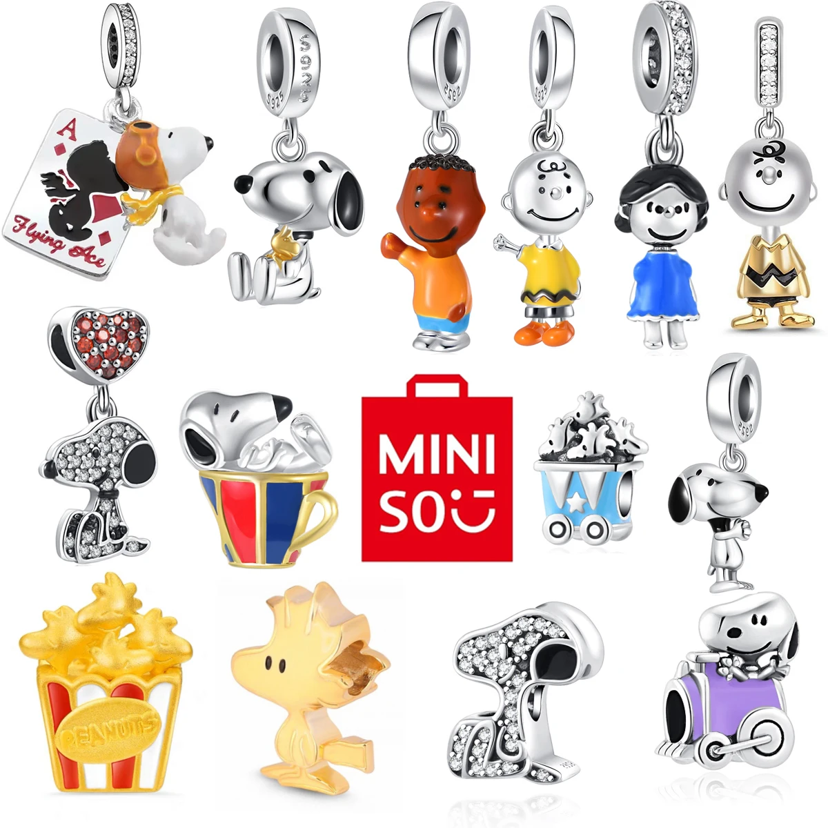 

NPEANUTS@ Snoopy Charlie Brown Linus Van Pelt Peppermint Patty Pendant MINISO Original 925 Silver Charm Fit Bracelet Trinket