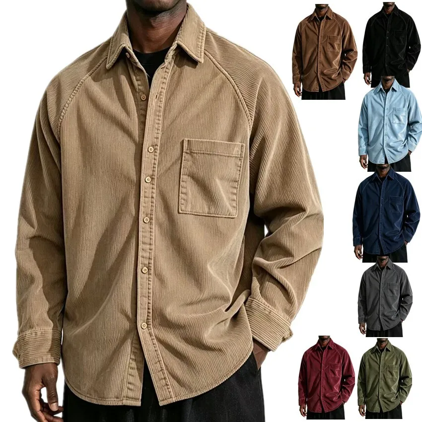 Autumn Winter New Men's Corduroy Shirt Loose Fit Long Sleeve Lapel Shirt Solid Color Casual Button Up Shirts for Men Streetwear