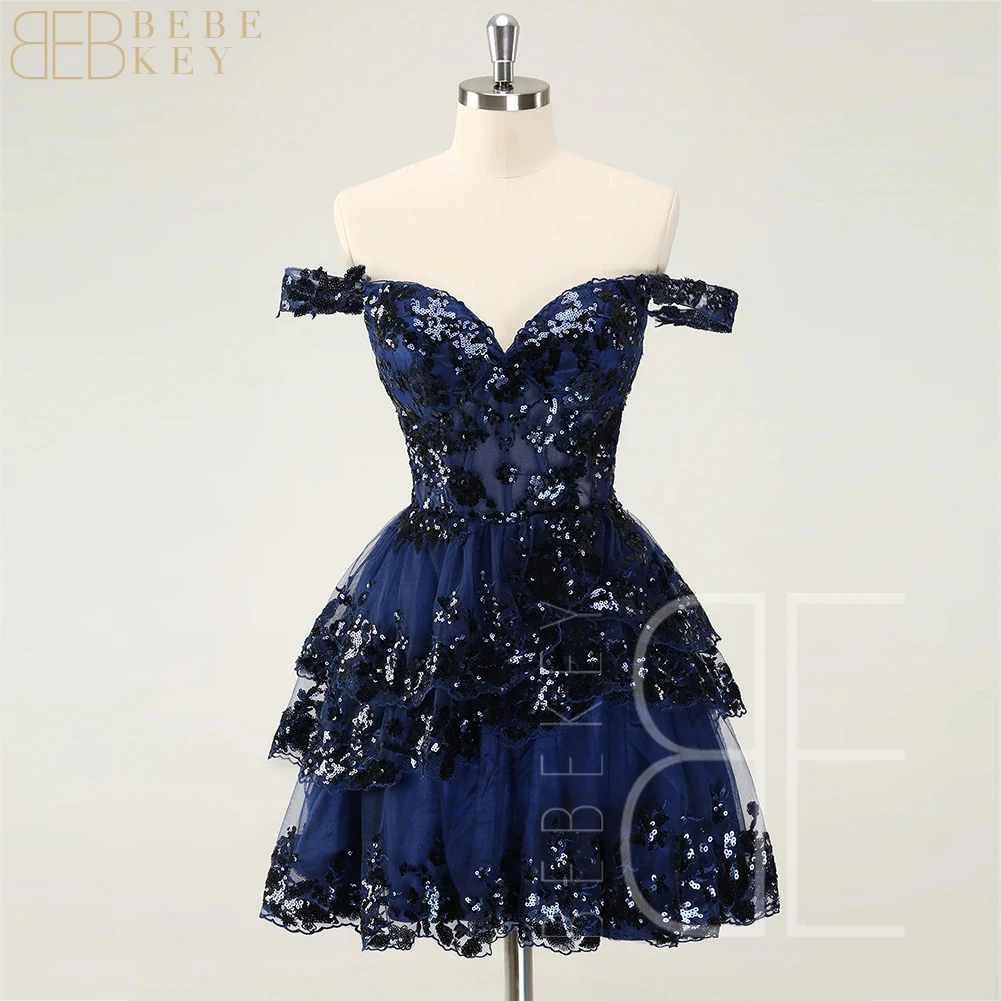 

Sparkly Navy Blue A-Line Tiered Corset Lace Short Homecoming Dress Formal Dress Off the shoulder Prom Party Gown robe de soiree