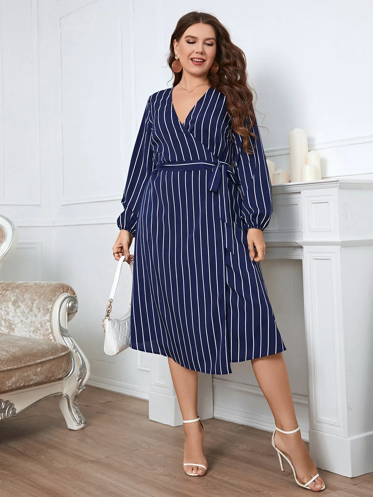 Plus Size Wrap V Neck Women Dress Long Bishop Sleeves Striped Print Robe Waist Belt A-line Dress Autumn Female Elegant Clothing