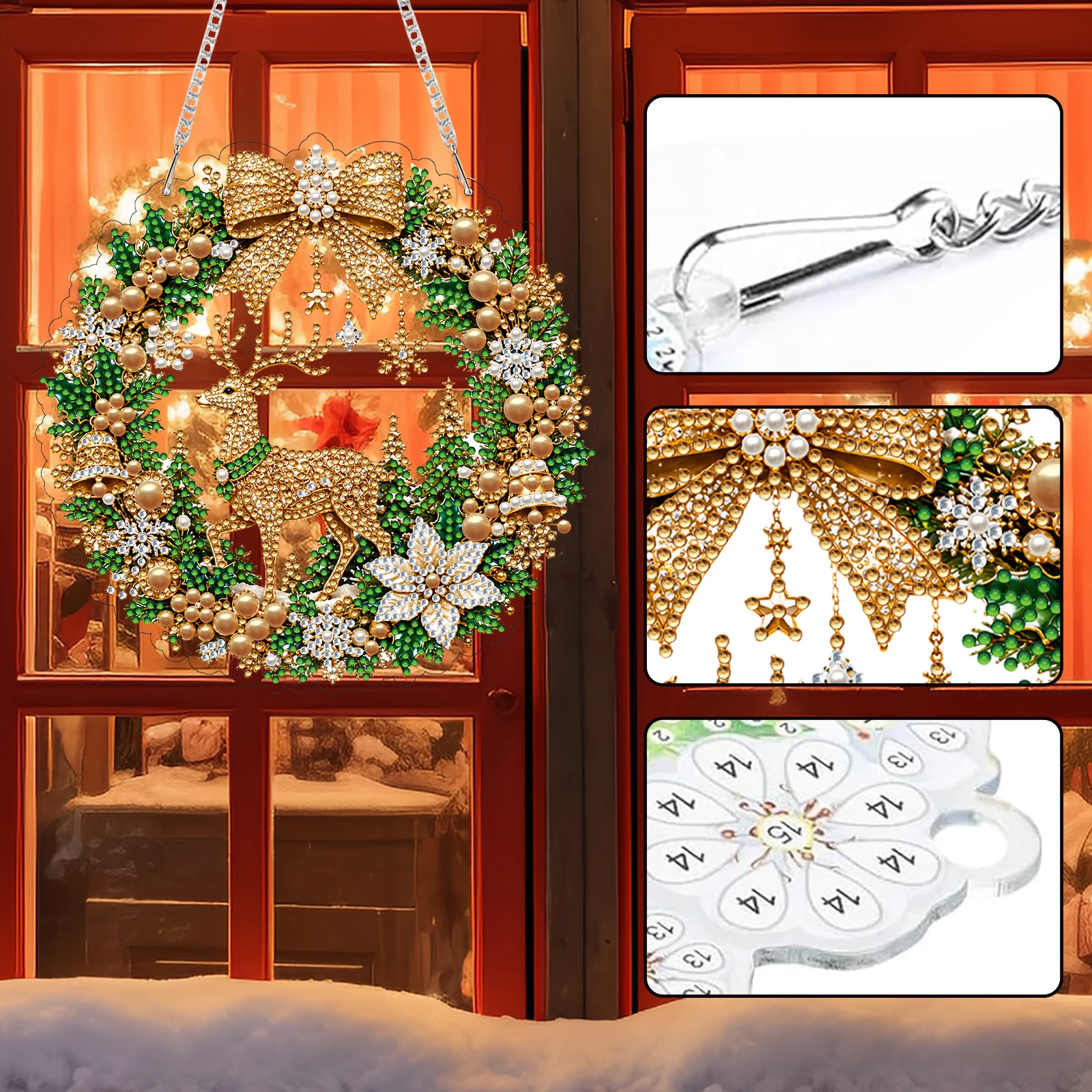 DIY Diamond Painting Christmas Wreath Ornament Double Sided PET Pendant Rhinestone Kit with Metal Chain Set for Window Door Wall