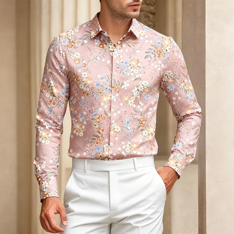 Men's long-sleeved collared shirt, European and American style, slim fit, trendy cardigan top for vacations and banquets.