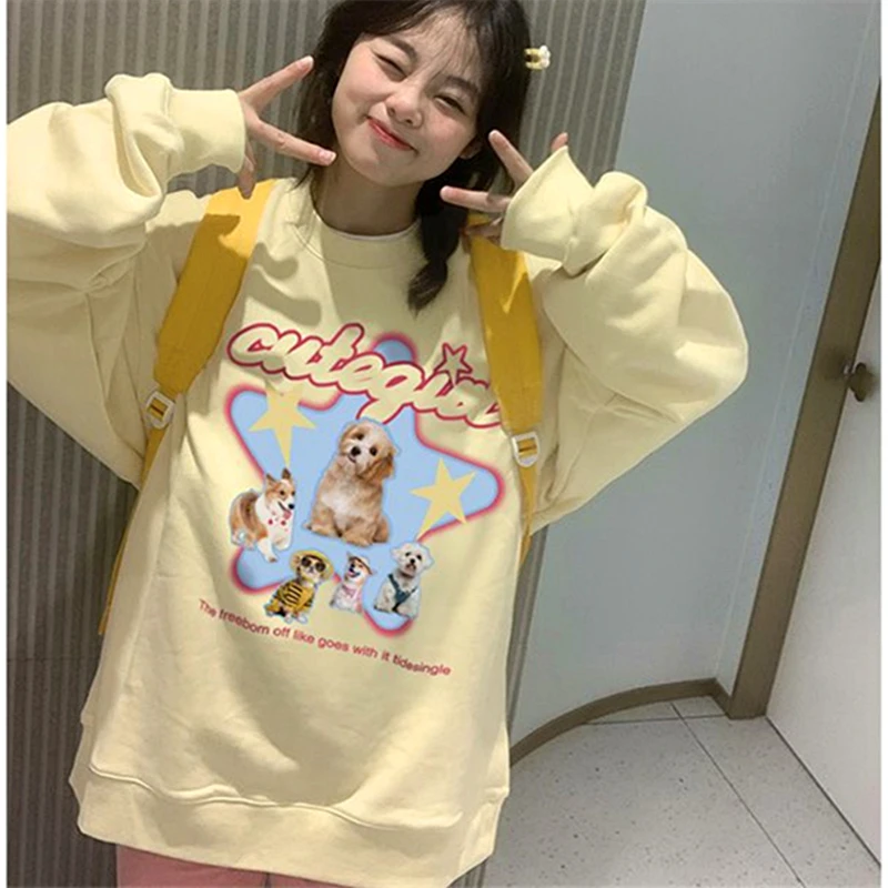 Leisure Youth American Vintage Yellow Star Dogs Cute Y2K Hoodie O-neck Sweatshirt Autumn Winter Loose Harajuku Kawaii Pullover