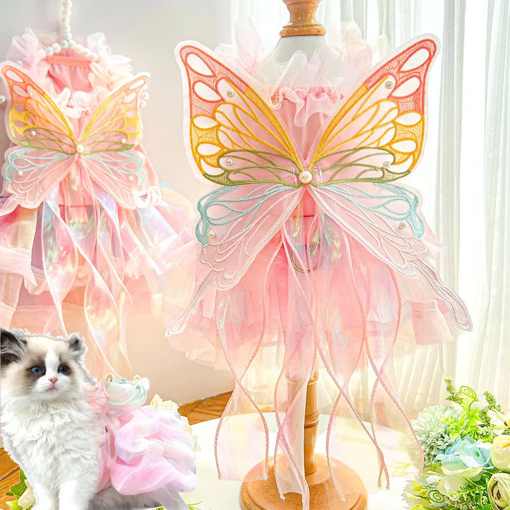 Mesh Lace Pet Puppy Princess Dresses Dog Cat Butterfly Ribbon Dress Rainbow Butterfly Streamer For Small Dogs Lolita Clothes