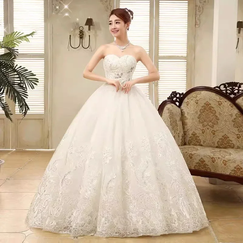 

Cheap Wedding Dress White Sequin Bling Embrodiery Strapless Lace up princess Floor-length Plus size Simple Women Ball Gown XN027