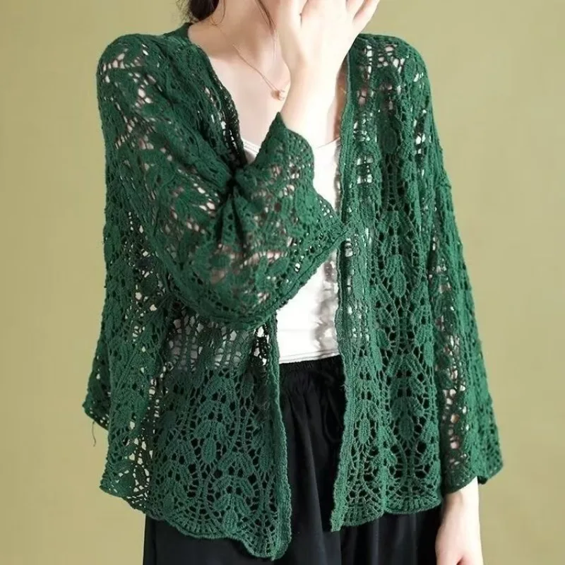 Cárdigan hueco de punto fino para mujer, Top de moda coreana, camisa corta suelta con protección solar con aire acondicionado, novedad de primavera