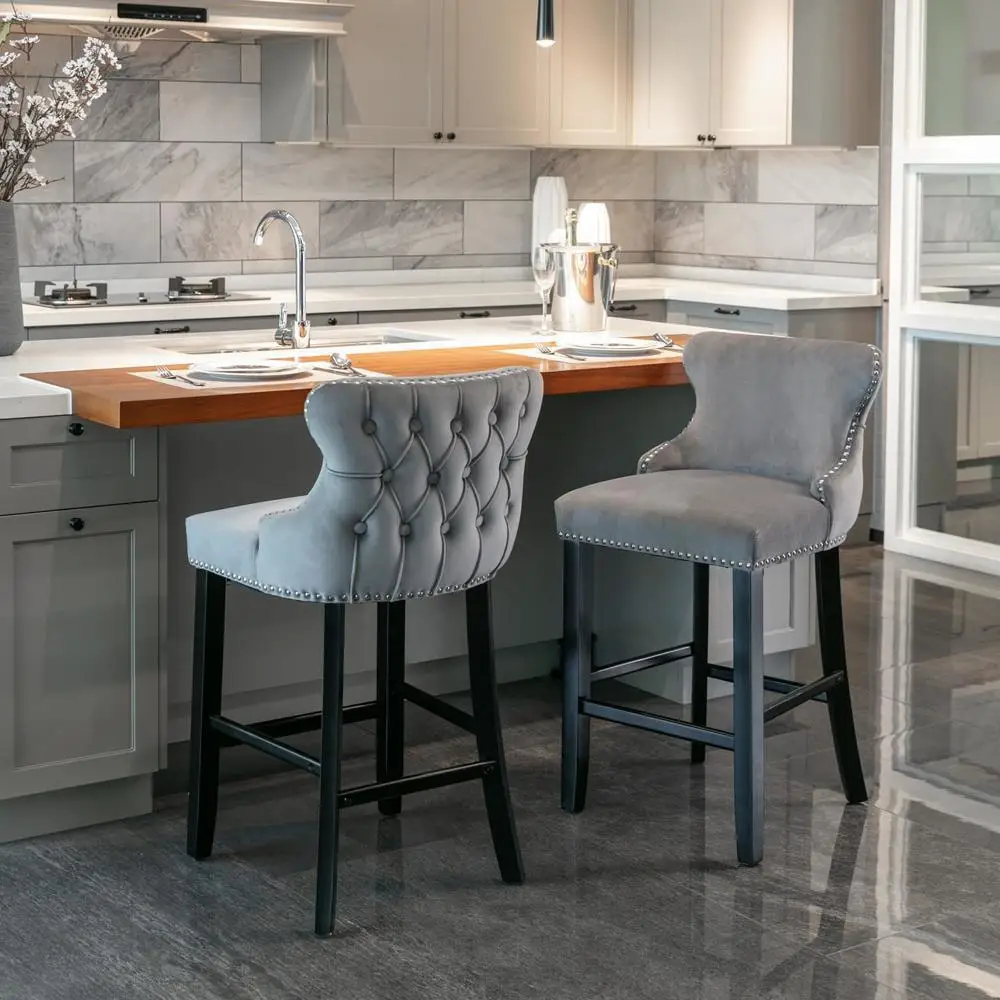 

Set of 2 Velvet Upholstered Wing-Back Bar Chairs Barstools