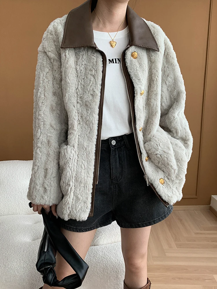 [LANMREM] Spliced Contrast Color Faux Fur Coat For Women Lapel Zipper Long Sleeve Fashion Tops 2024 Autumn New Jackets 26C116