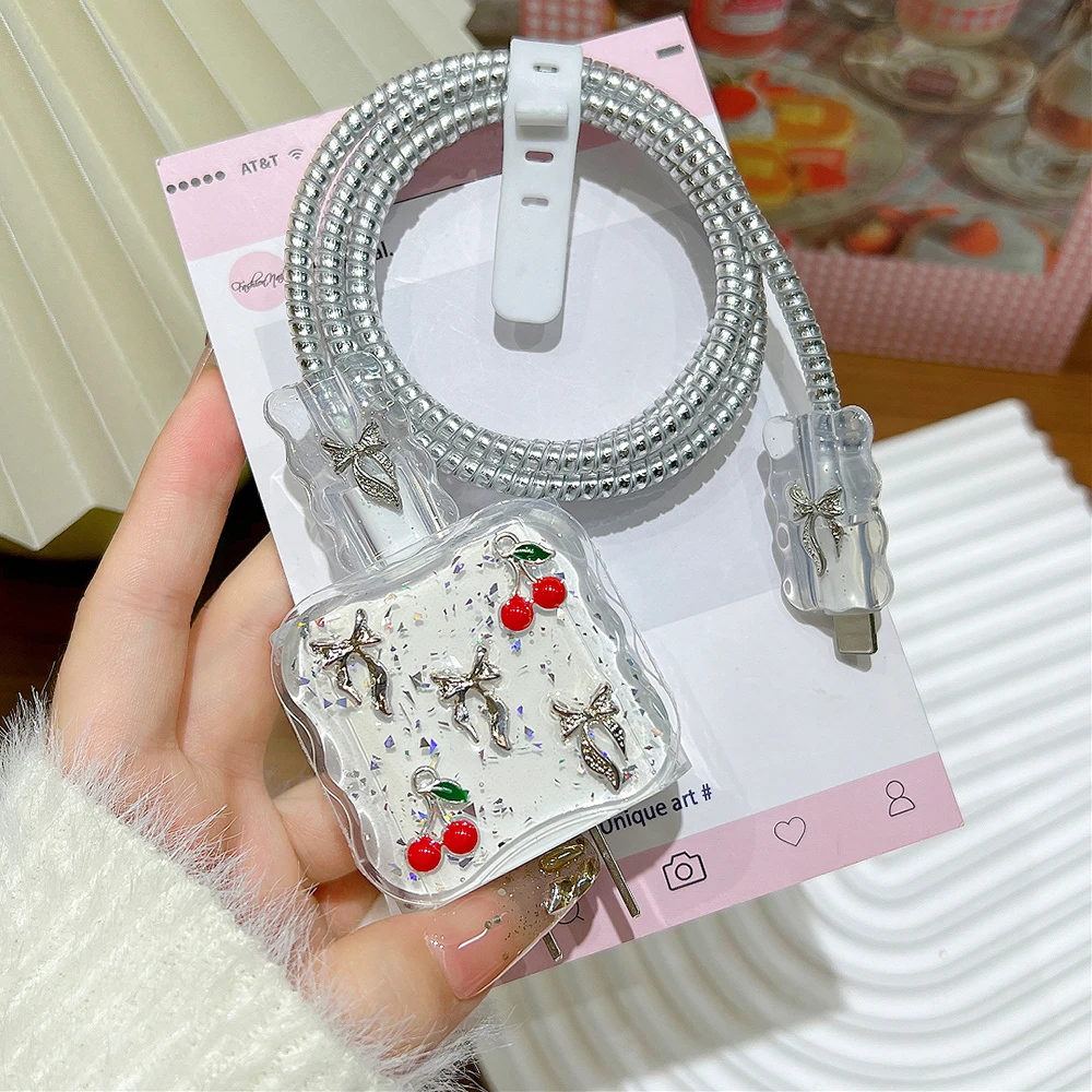 Clear Shining Cherry Bowknot Charger Cover for iPhone 17 16 15 14 13 18W 20W Charging Head Cable Protector Organizer Kit