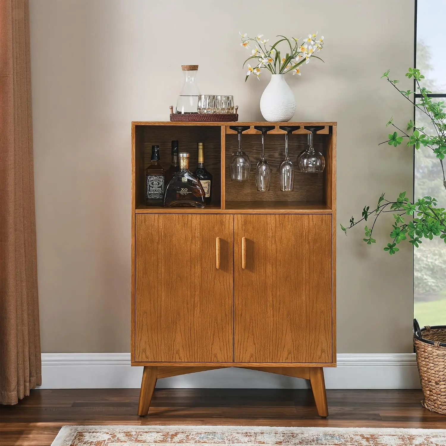 Wine Bar Cabinet with Bottle Holders & Stemware Racks, Open Storage & Door Shelves, Wood Legs & Adjustable Shelf, Customized