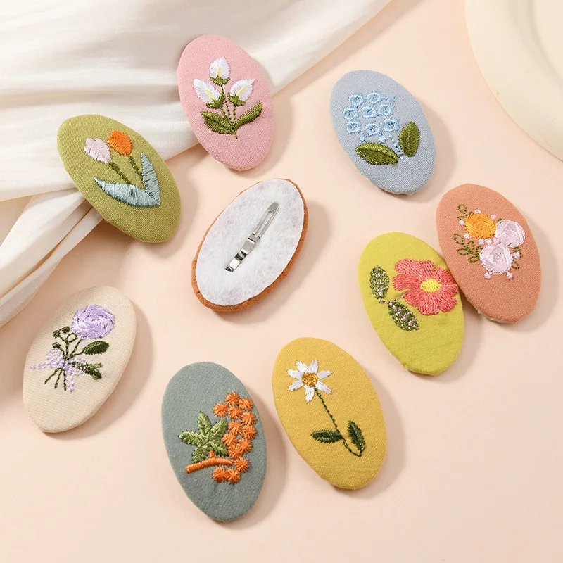 

Sweet Countryside Style Fabric Embroidered BB Clips New Design Cute Floral Hair Barrettes for Girls Side Bangs Baby Headwear