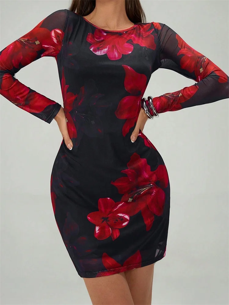 CHRONSTYLE Frauen Frühling Herbst Mini Bodycon Kleid Slim Fit Stilvolle Blume Drucken Rundhals Langarm Bleistift Kleid Weibliche Vestido