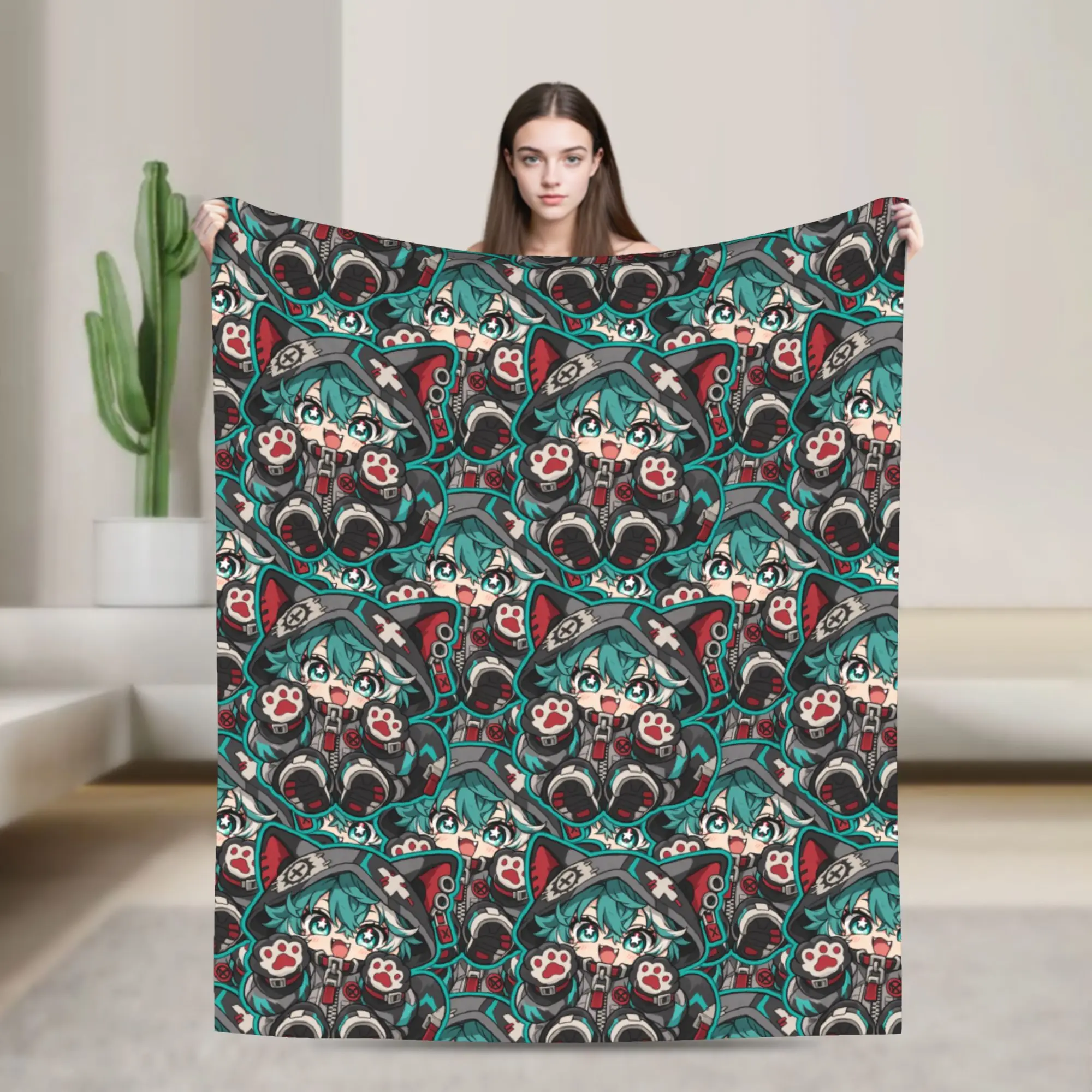 GACHIAKUTA Teal Haired Cat Girl Chibi Blanket  Warm Soft Novelty Plush Throw Blanket For Boy Girl Flannel Bedspread Bed Cover