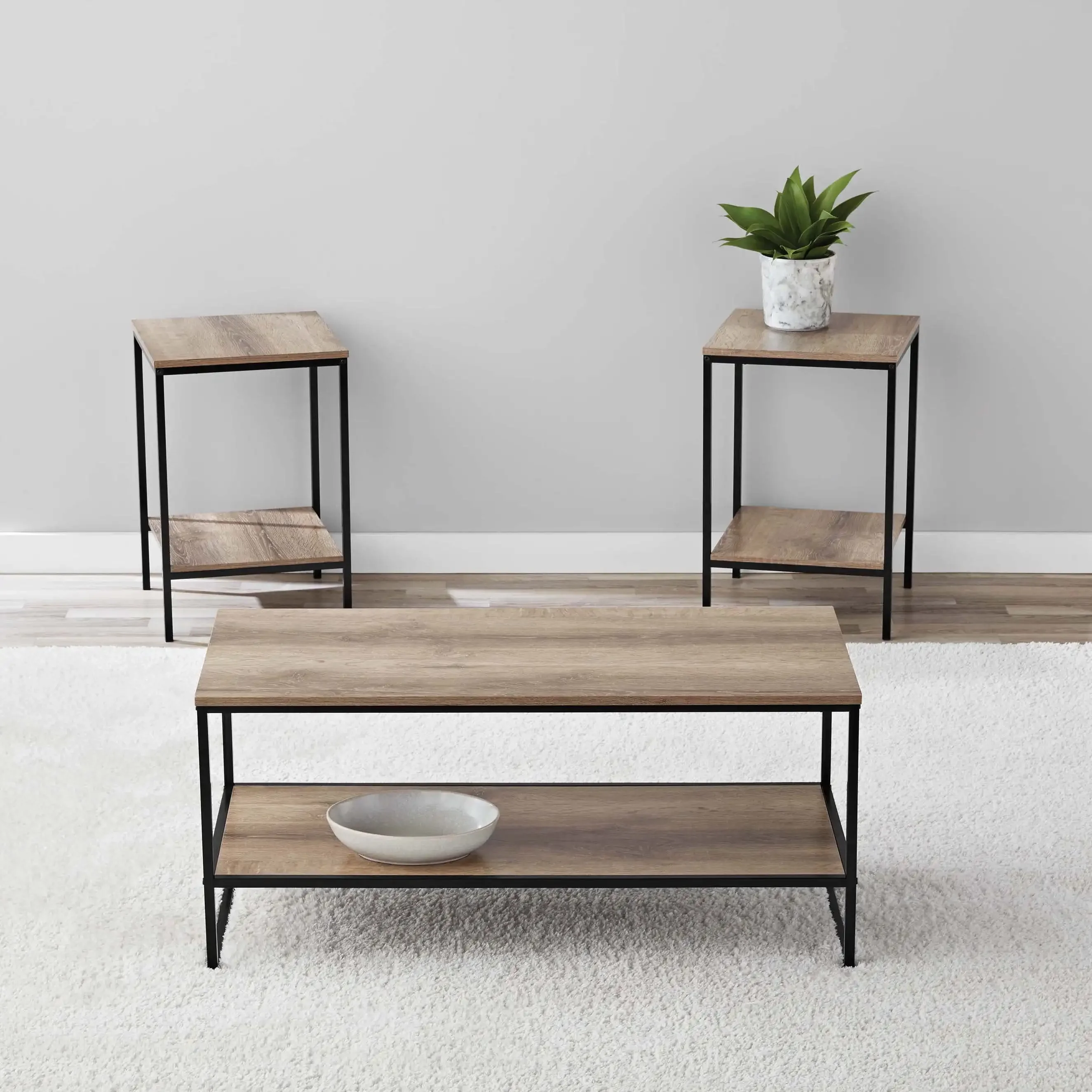 Conjunto de mesa de centro e final de 3 peças, marrom rústico