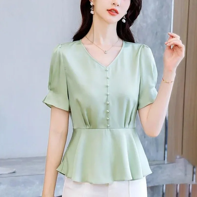 Elegant V-Neck Solid Color Folds Chiffon Blouse Women\'s Clothing 2023 Summer New Casual Pullovers Tops Loose Office Lady Shirt