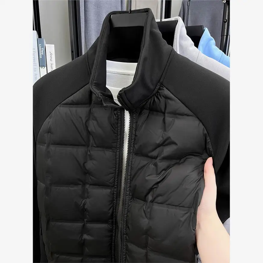 

Мужская теплая повседневная куртка с воротником-стойкой, пуховым наполнителем 90% из утиного пуха, свободным кроем и вставками на плечах, с длинными рукавами