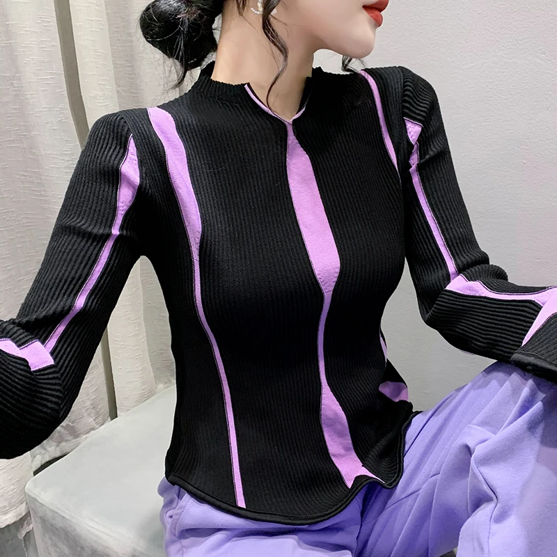 

2025 Autumn Winter Women Pullovers Sweater New Fashion Color Blocked Irregular Knitted Tops Slim Long Sleeve Knitwear