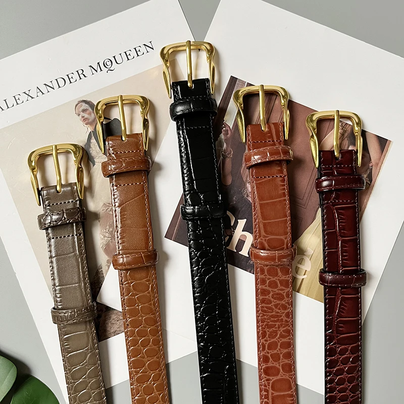 Cowhide Gold-Plated Buckle Belt Original Retro Classic Embossed Ladies Crocodile Belt Versatile Genuine Leather Trend 2.8cm Widt